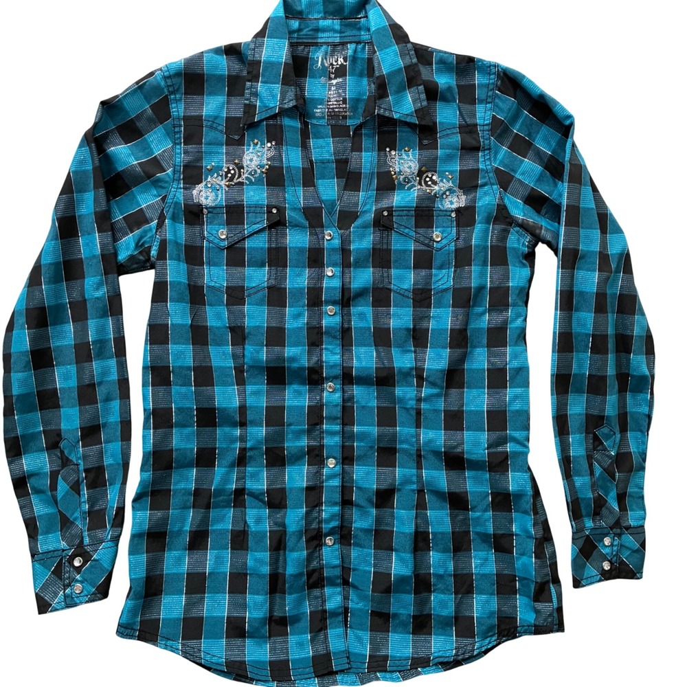 Rock 47 by Wrangler Womens Teal Black Plaid Pearl Snap Western Shirt Medium